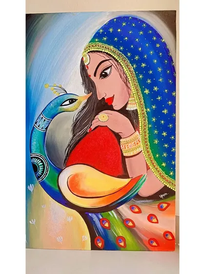 A close-up of my painting depicting a woman in traditional attire sharing a gentle moment with a peacock, symbolizing grace and beauty.