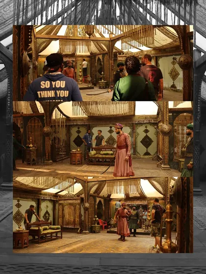 A collage from the 'Chhaava' set, showing the actors in costume and the crew working around them to light the intricate scene.