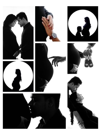 A collage of beautiful moments from a black and white silhouette session. It showcases a variety of poses, from solo portraits to couple shots and creative details.