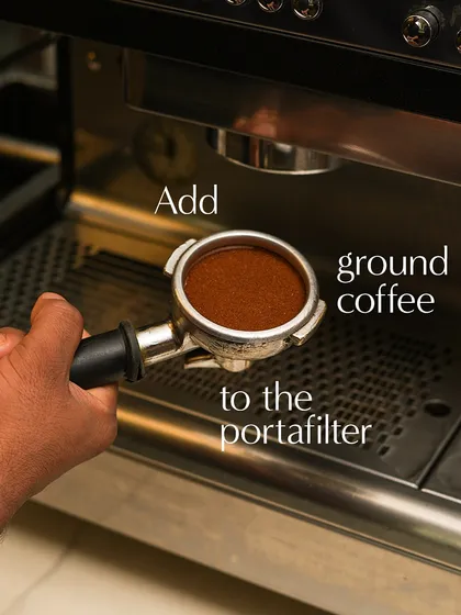 I use freshly ground coffee for every cup. Here, the portafilter is filled with finely ground beans from Seven Beans Coffee Company.