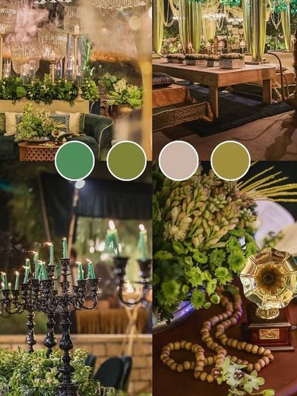 An inspiration board for a sophisticated green-themed event, using shades of emerald and olive with antique-style props.