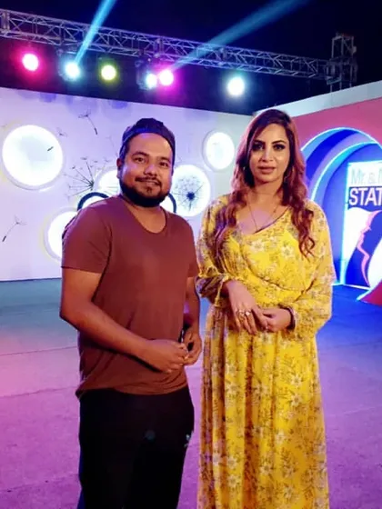 On set with TV personality Arshi Khan for the "Mr & Miss 7 States" fashion reality show. We were the official music performers for the event.