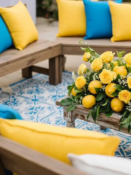 A close-up of the wooden bench seating area, showing the contrast between the rustic wood, the bright cushions, and the intricate blue and white rug. The lemon and rose centerpiece adds a touch of elegance.