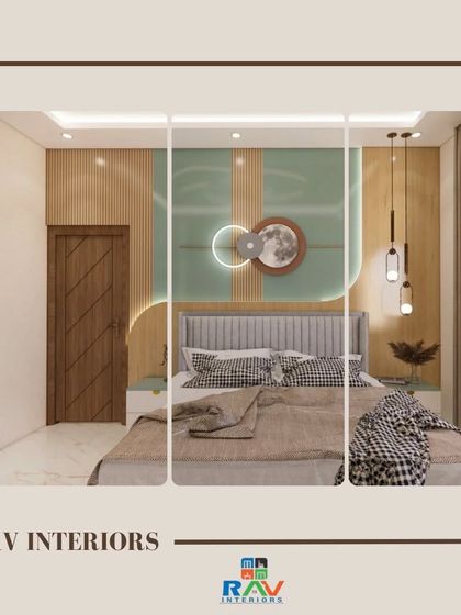 A collage showcasing a modern bedroom design with a mint green and wood accent wall, complete with a moon-themed art piece.