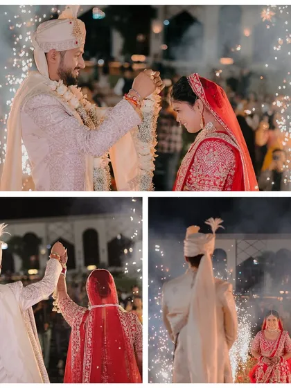 This collage captures the peak of the Varmala ceremony. We focus on the couple's expressions and the celebratory atmosphere, with sparklers lighting up the night as they complete the ritual and raise their hands in triumph.