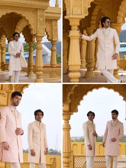 A collage of two grooms in pastel-colored sherwanis, showcasing the softer side of my collection. These outfits are perfect for daytime weddings and exude a romantic charm.