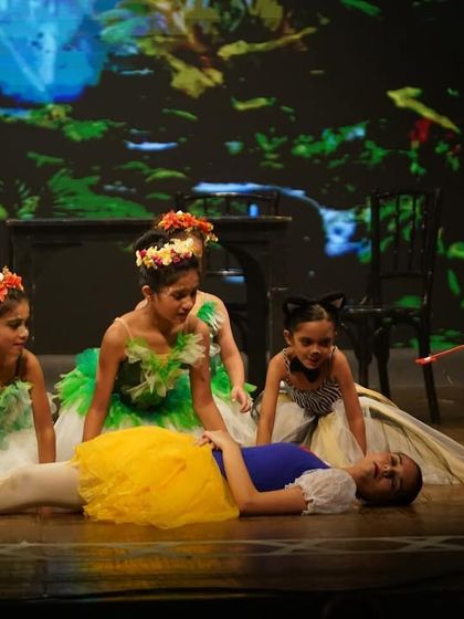 A dramatic scene where the forest creatures find Snow White. Our productions are full-fledged ballet musicals with a strong narrative.