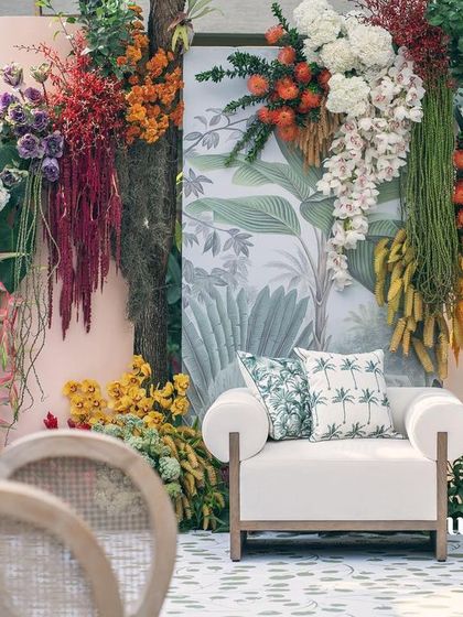 The full view of the 'Garden of Gaia' backdrop, a stunning setting for the seemantha ceremony.