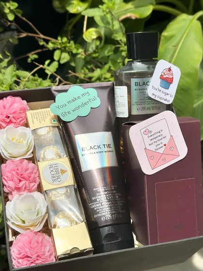The perfect Valentine's Day hamper for your man. It features a full-size Zara perfume, full-size Bath & Body Works shower gel and body lotion, Ferrero Rocher, and cute customized notes.