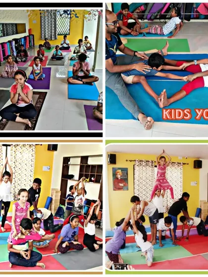 We make yoga fun and accessible for every child. This collage highlights key moments from our kids yoga classes, including foundational asanas, calming meditative poses, and playful partner exercises that build teamwork and trust.