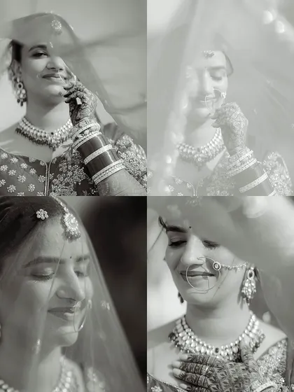 A collage of four expressive black and white bridal portraits, with the veil creating a soft, ethereal effect in each shot.