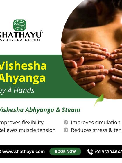 Vishesha Abhyanga, or a four-handed massage, is a deeply relaxing and therapeutic experience. The synchronized movements of two therapists improve flexibility, relieve muscle tension, reduce stress, and improve circulation.