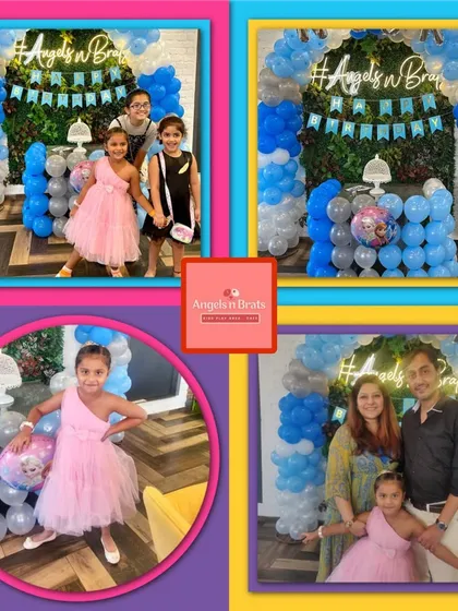 A collage from Noor's 6th birthday party. We created a fun blue and silver balloon backdrop with our signature neon sign, making for some great family photos and memories.