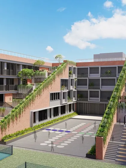 Another perspective of the school's central courtyard, designed to be a vibrant, multi-level hub of activity.