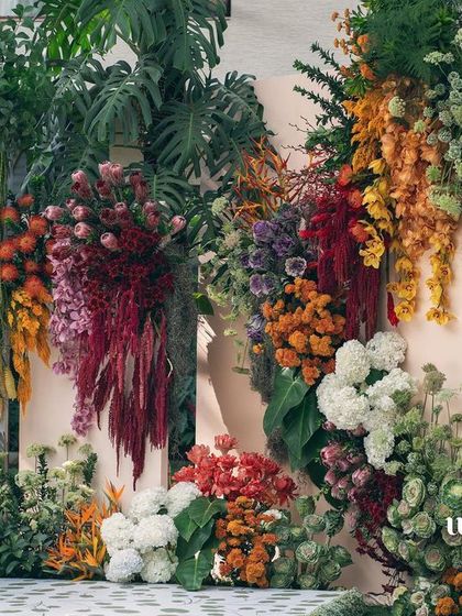Another angle of the 'Garden of Gaia' floral wall, showing its depth and complexity.