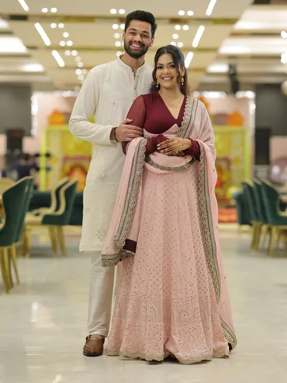 Sharing a personal moment from my roka ceremony. For this special day, I worked on creating a coordinated look that felt both celebratory and true to our personal styles, blending traditional silhouettes with modern color palettes.
