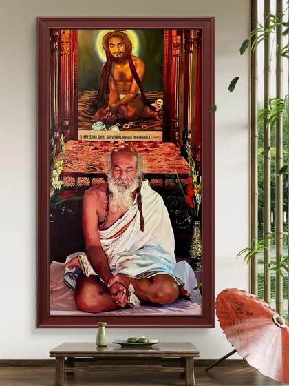 The Guru painting displayed in a digitally rendered room, showing its potential as a centerpiece for a meditation or prayer room.