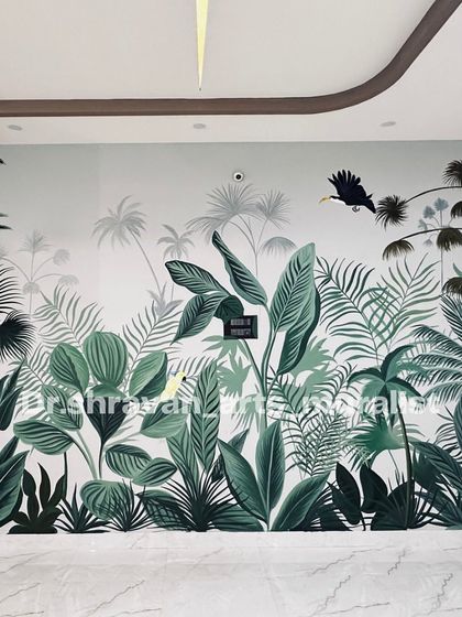 I had the amazing opportunity to transform the new residence of a talented actor with this tropical mural. The design uses a muted, sophisticated color palette to create a calm and elegant jungle.