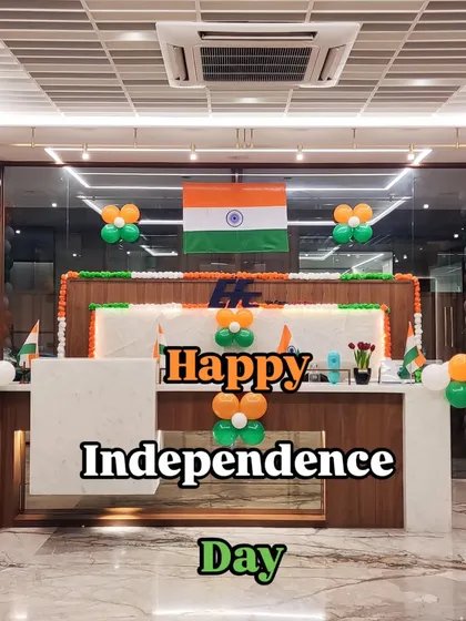For this Independence Day office celebration, I created two prominent balloon pillars in the national tricolor theme to frame the reception area. The decor is completed with smaller balloon clusters and the Indian flag, creating a patriotic and professional look for the corporate space.