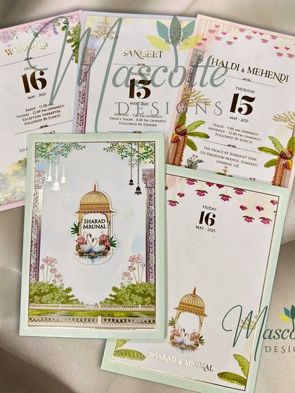A modern design with a touch of Indian traditional Pichwai theme. This image shows the main card along with a full set of matching inserts for different wedding functions.