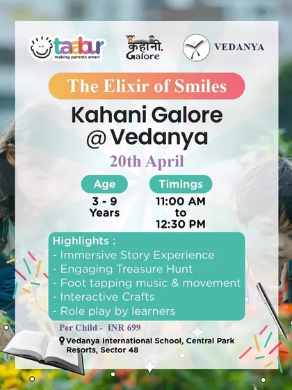 A detailed poster for "The Elixir of Smiles" storytelling event by Kahani Galore at Vedanya school.