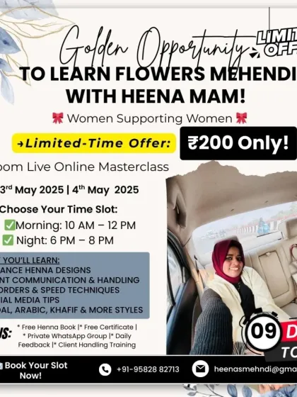 A promotional poster for my Flower Mehendi Masterclass, showing 9 days to go. The course includes bonuses like a free henna book, certificate, and client handling training.