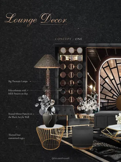 Concept One for the 'Lounge Decor'. This annotated render visualizes the placement of key elements like the big thematic lamps, the mirror wall, and the customized rug, showing the client exactly how the space will feel.