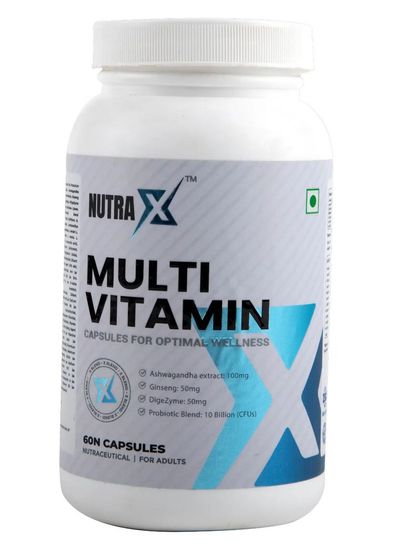 A clean, white-background shot of a bottle of multi-vitamin capsules.