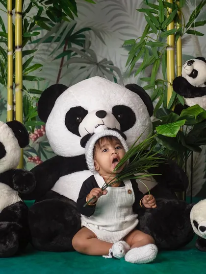A little panda enjoying his breakfast, looking absolutely adorable and a bit surprised.
