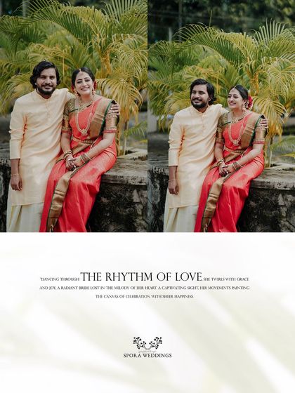 A beautifully designed collage of the couple, celebrating "The Rhythm of Love" in their traditional Kerala wedding attire.