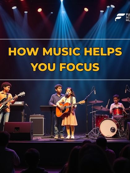 An infographic explaining how music helps you focus. This image shows a young band on stage, illustrating the peak performance state that music can help achieve.