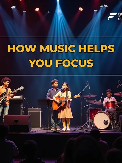 An infographic explaining how music helps you focus. This image shows a young band on stage, illustrating the peak performance state that music can help achieve.