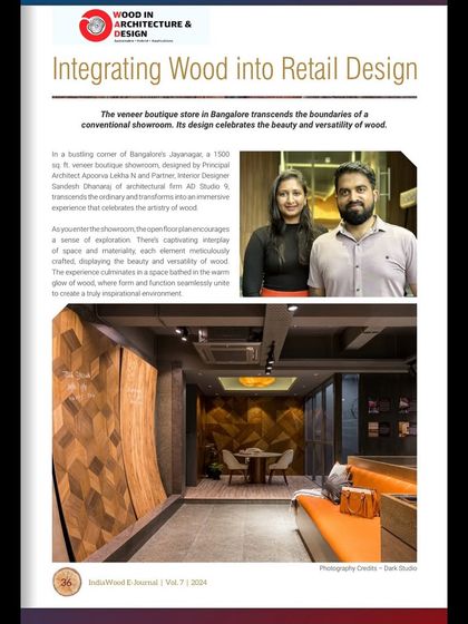 The opening page of our feature in India Wood, titled "Integrating Wood into Retail Design." The article details how we celebrated the beauty and versatility of wood in the showroom project.