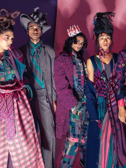 This group editorial shot showcases a collection of avant-garde hairstyles. I designed each look to be distinct, featuring sculptural shapes, unique hair accessories like hats and crowns, and textured styling to create a cohesive yet individualistic story.