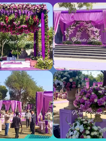 A collage showcasing a beautiful purple-themed wedding. It includes shots of the mandap, the stage, the guest seating, and the detailed floral arrangements.