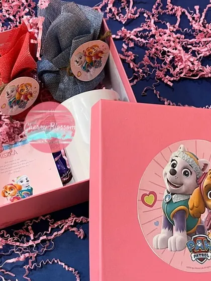 These Paw Patrol return favours went all the way to Kolkata. Each themed box was filled with our handmade chocolates, almond rocks, and a customised mug featuring the beloved characters.