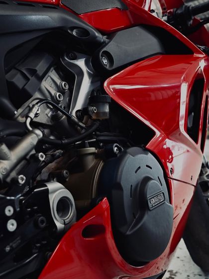 The intricate chassis and engine of the Panigale V4, exposed and beautiful.