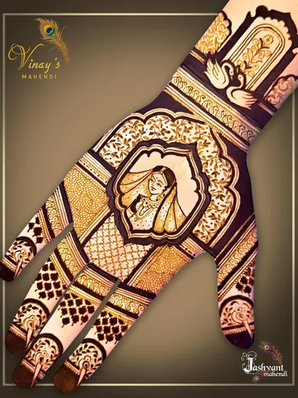 A simple yet elegant design featuring a bride's portrait in a traditional frame on the back of the hand, surrounded by delicate jaal and floral work.