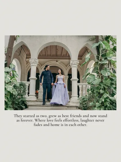 A beautiful shot of the couple descending the steps of a heritage property, hand in hand. This image perfectly captures the elegance and grace of a classic love story.