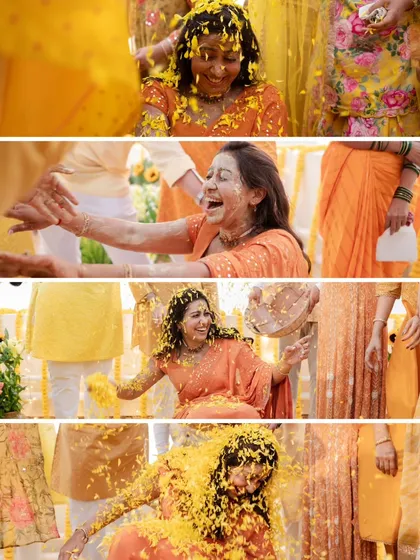 A series of candid shots showing the bride's unrestrained laughter and joy as she is covered in petals during her Haldi ceremony.