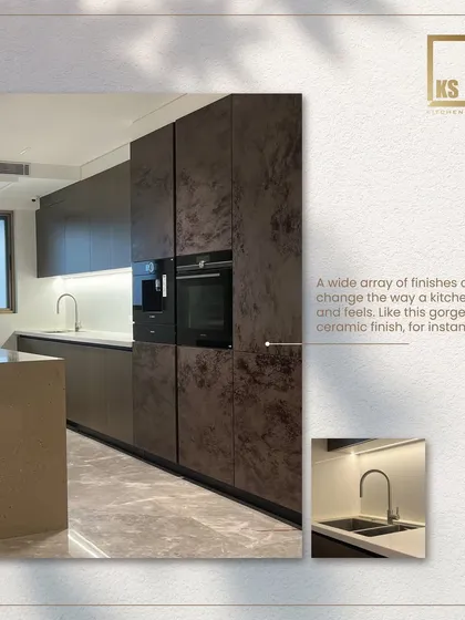 A wide array of finishes can completely change the way a kitchen looks and feels. This gorgeous ceramic finish adds a rich, textured look to the cabinetry.