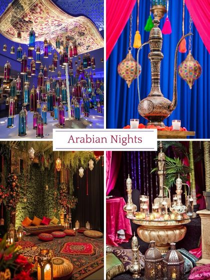 **Sangeet Theme: Arabian Nights.** Transport your guests to a mystical world with rich textiles, low seating, hookahs, and jewel-toned lanterns for an exotic and memorable Sangeet.