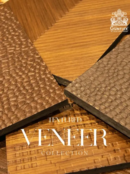 A promotional image for my textured veneer collection, showing several samples with deep, tactile patterns like crocodile skin and basketweave.