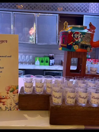Our Tequila & Jager Bar is always a party starter. The menu clearly lists the available shots and bombs, and the custom-branded shot glasses add a personalized touch for the event.