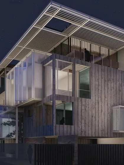 A night-time rendering of Residence B in South Extension, Delhi. This view shows the abstract interpretation of a traditional courtyard, with stacked volumes creating a complex interplay of solid and transparent elements that glow from within.