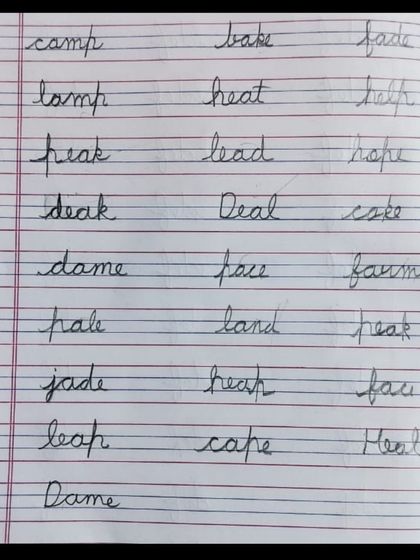 This practice sheet shows beautifully formed cursive words. We work on consistency in letter size and slant to achieve this level of neatness, which is a core part of my cursive writing classes.