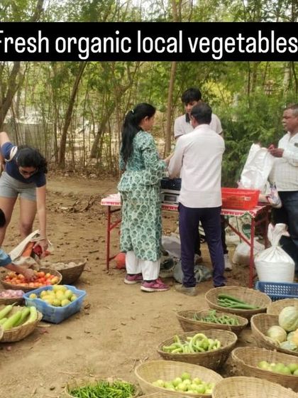 A bustling scene at a vegetable stall, where customers handpick from a variety of gourds, beans, and lemons.