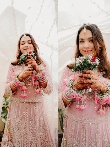 A diptych of the bride holding her floral bouquet. Her gentle smile and the soft colors create a feeling of pure grace and beauty.