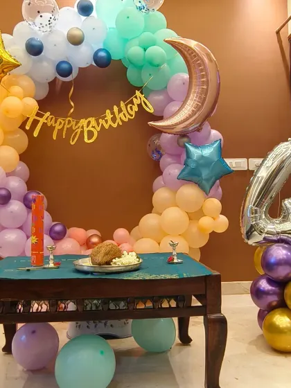 A full view of the beautiful pastel-colored celestial ring decoration, perfect for a magical birthday celebration at home.