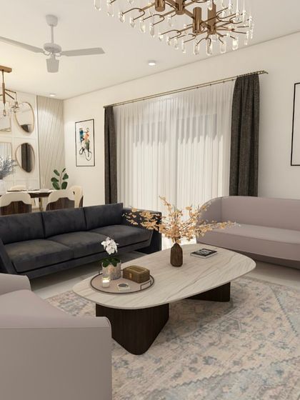 A wide view of the living and dining room design for ATS Pristine. The layout is open and spacious, with distinct zones for lounging and dining.